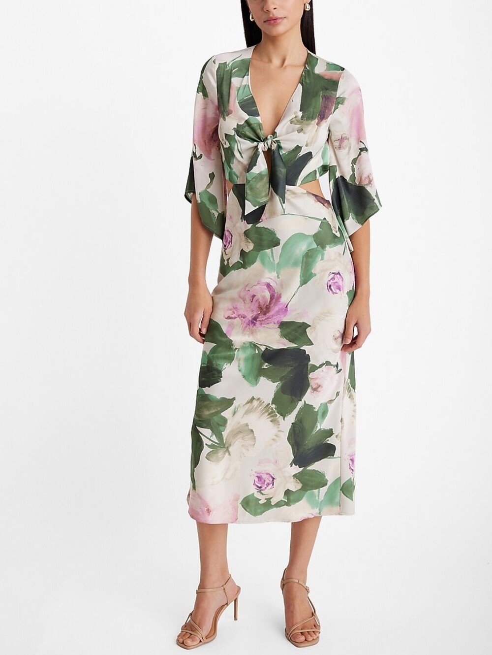 Express Satin Floral V-Neck Tie Front Cutout Midi Dress Size XL